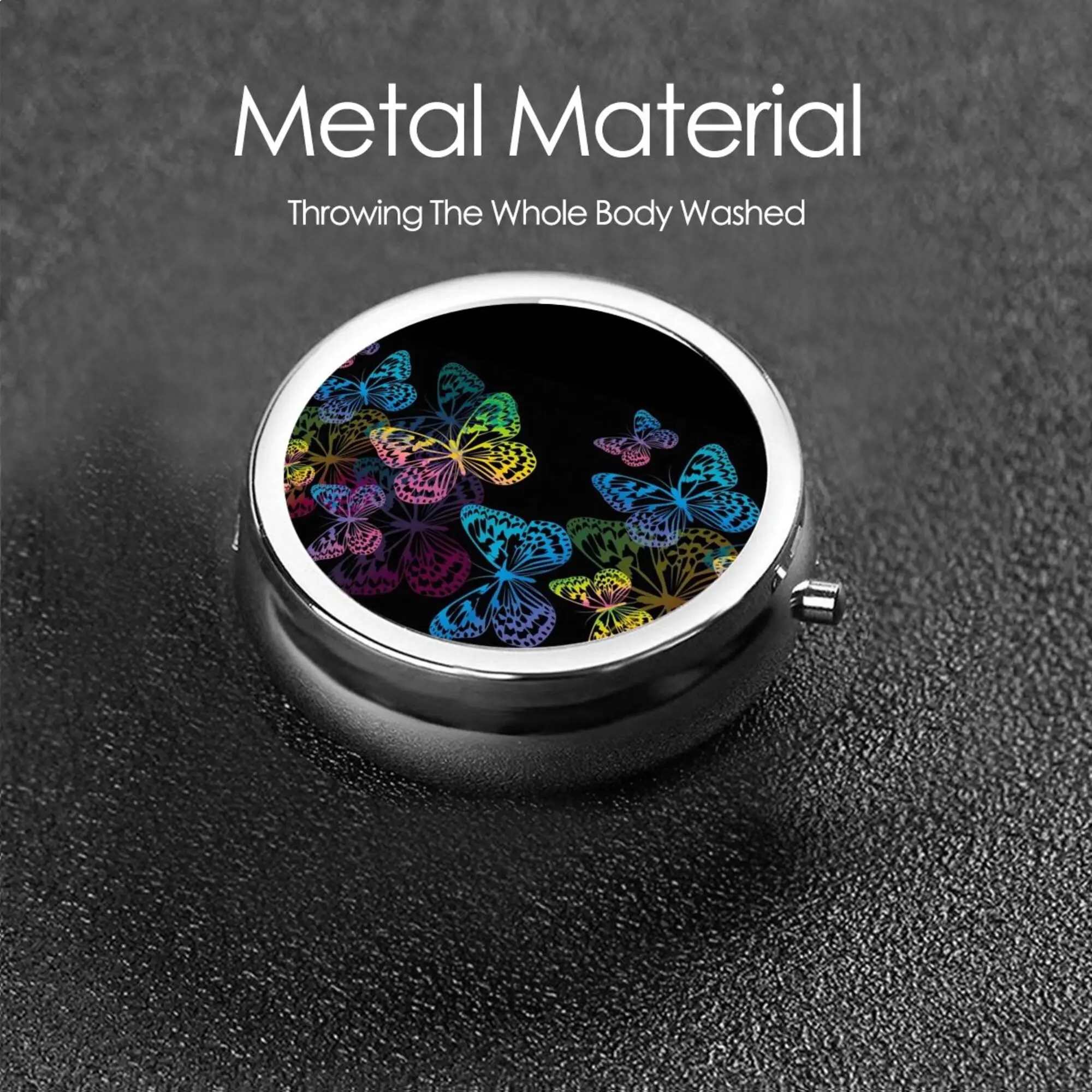 Butterflies Pill Box Purse Pocket Small Round Silver Pill Case Decorative Box Metal Medicine Vitamin Pill Organizer Portable