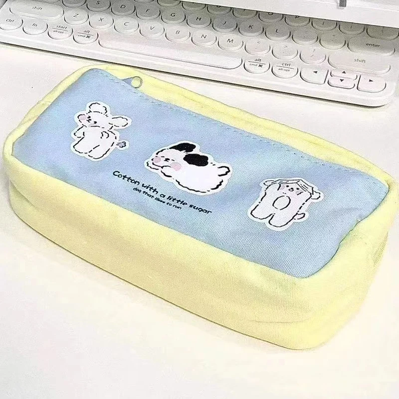 Cute Cartoon Pattern Canvas Makeup Bag Toiletry Storage Bags Large Capacity Pencil Case Contrast Color Stationery Box