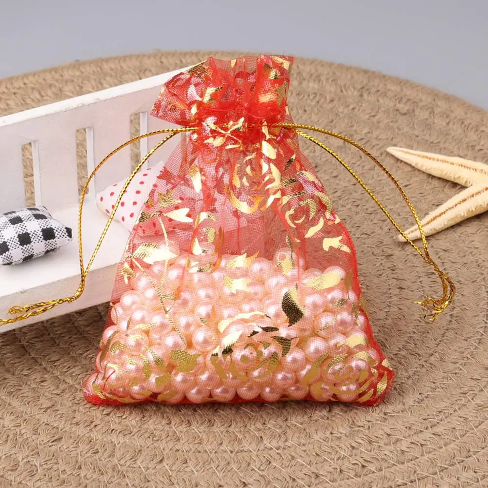 50pcs/lot Jewelry Bag Organza Gift Bag Hot Gold Color Rose Print Gifts Pouches Wedding Christmas Party Candy Jewelry Packing view 2