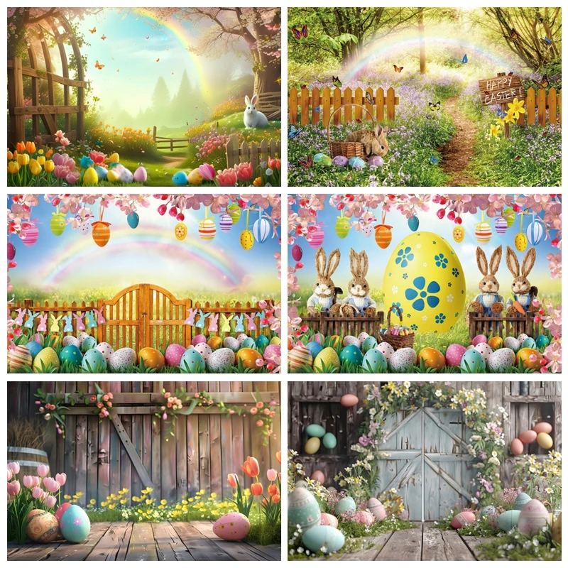 

Happy Easter Backdrop Photography Interior Brick Wall Wooden Door Flower Rabbit Eggs Kids Party Decor Baby Portrait Background