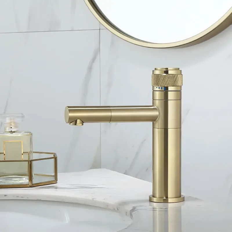 

Bathroom Push Button Brushed Gold Basin Cold &Hot Water Mixer Sink Faucet Tap Brass Deck Mounted