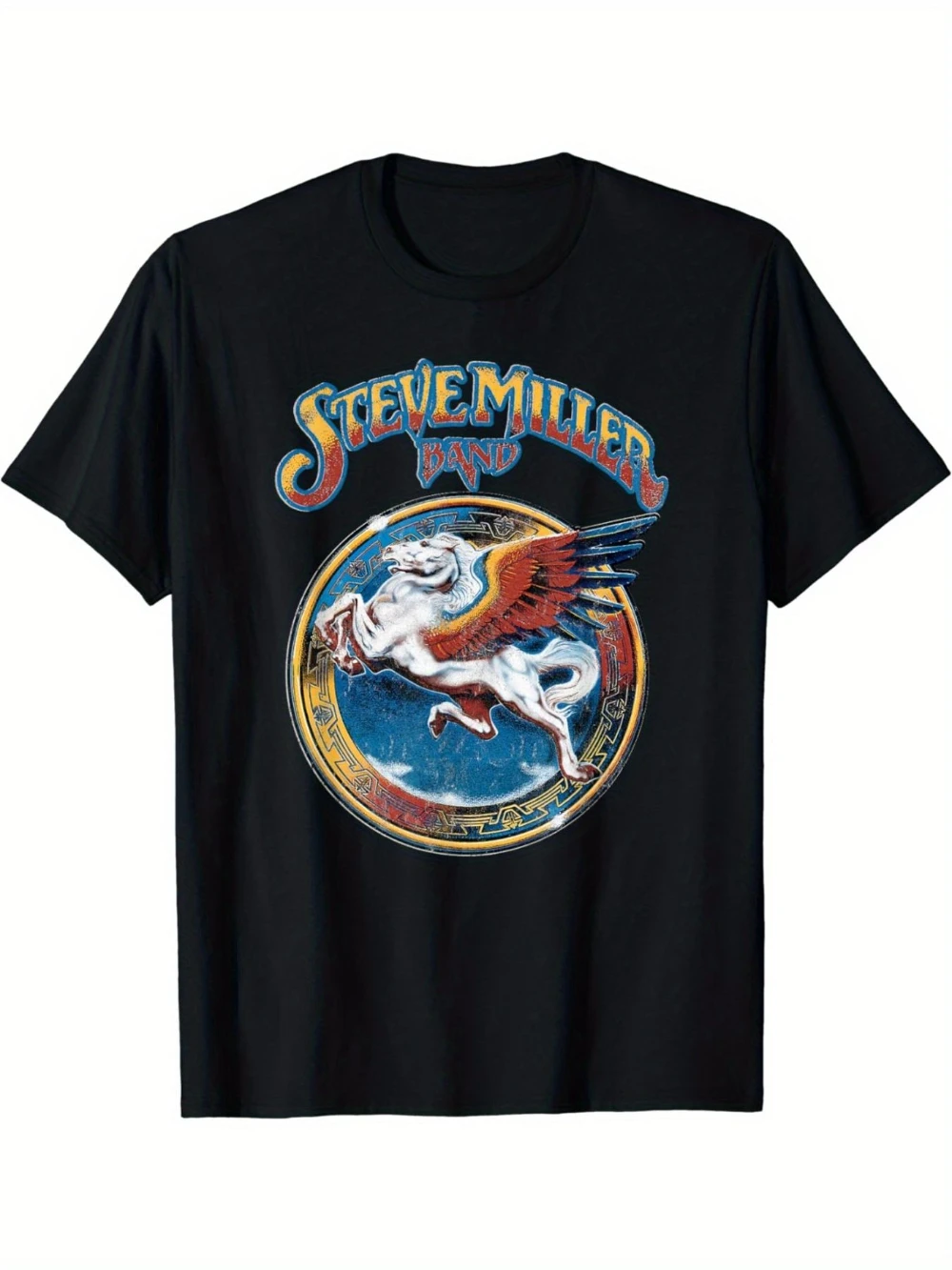 Colorful Pattern Pegasus T-Shirt - Retro Band T-Shirt featuring vibrant embellished lettering and vintage badge design  shirts