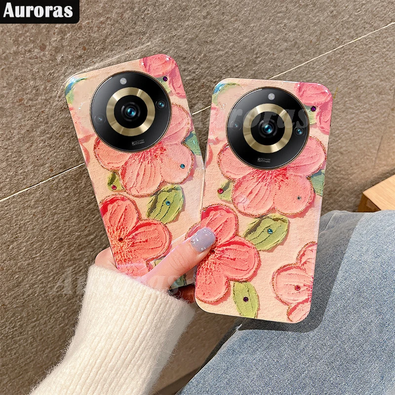 Auroras For Realme 11 Pro 5G Case Blu-ray Rhinestone Oil Painting Flower Shell For Realme 11 Pro Plus Camera Protect Cover