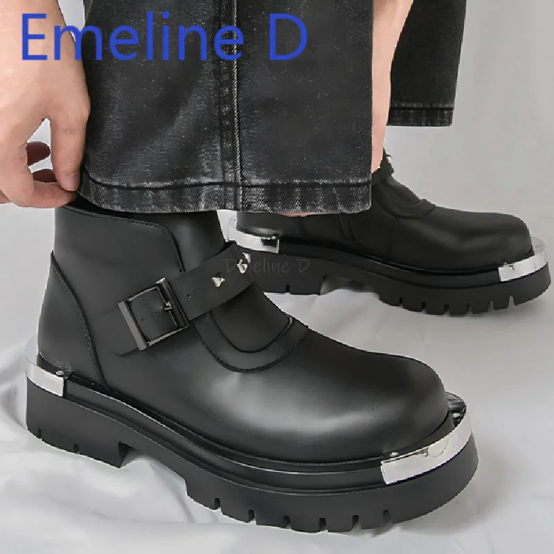 

Metal Round Toe High Top Leather Shoes Fashionable British Style Riveted Side Zipper Thick Sole Height Increasing Chelsea Boots