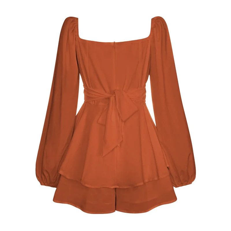 【파티 장식】여성용 점프수트 랜턴 긴 소매 러플 레이어 타이 미니 짧은 롬퍼