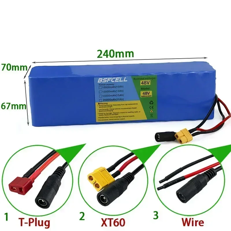 48V E-Bike Battery 10Ah 12Ah 15Ah 20Ah Li-ion Battery XT60 T-plug Wire Connector With BMS For 150W-1000W 13S3P Battery pack