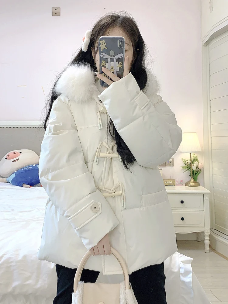 Chaqueta de Plumón para Mujer, Invierno 2025, Nueva, Talla Pequeña, Sensación de Alta Gama, Cuello de Piel, Abrigo Cálido con Botones, Estilo Dulce y Cálido