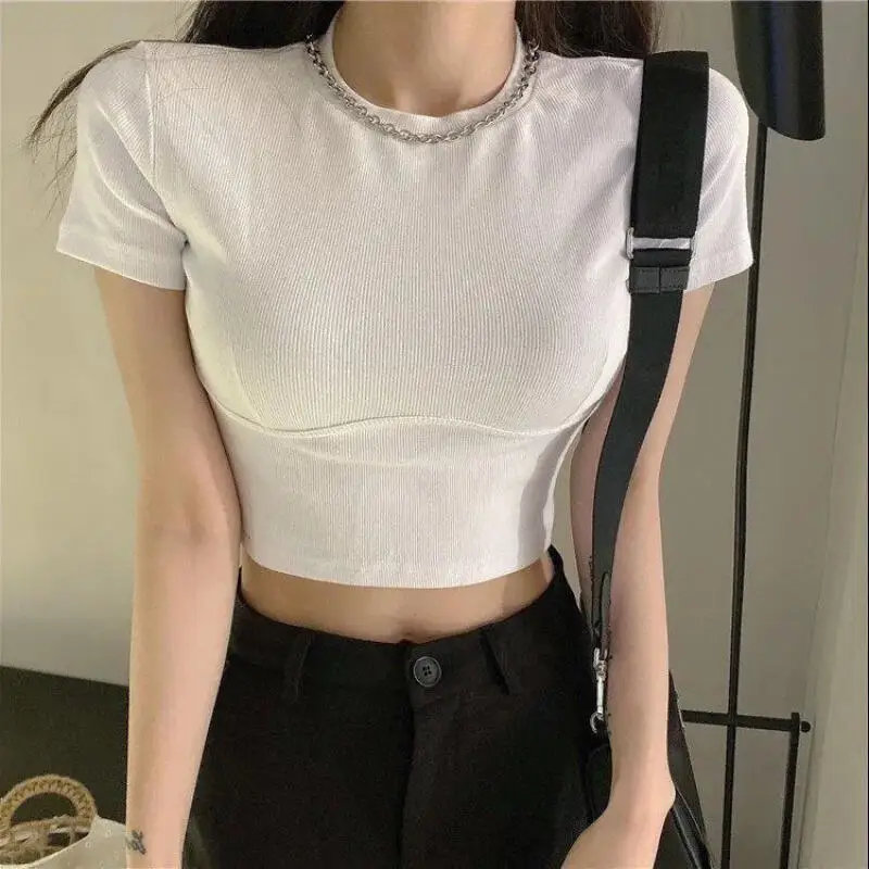 

Футболка в стиле Y2K, американский ретро-стиль, женская, летняя, сексуальная, с открытым пупком, укороченная, облегающая, с вырезом, топ для стильных девушек