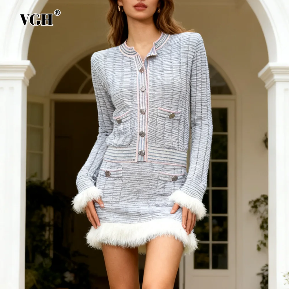 

VGH Повседневные комплекты из двух предметов в полоску для похудения для женщин, топ с круглым вырезом и длинными рукавами, мини-юбка с высокой талией, элегантный комплект, женская мода