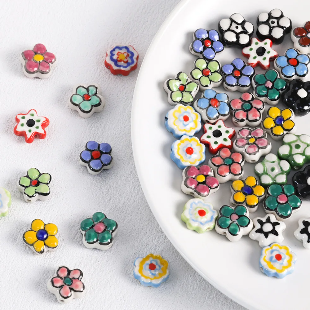 1PCS Cartoon Flower Hand Drawn Ceramic Beads For Jewelry Making Interval Bead Necklace Bracelet Craft DIY Supplie