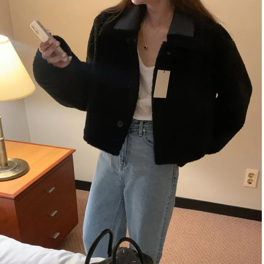 Abrigo de invierno elegante coreano Sle ort de piel de cordero Jaet holgado con cuello hasta Faionable Retro todo fósforo largo Sve