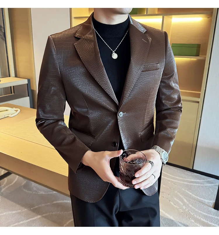 Stage Man Jacket Crocodile Pattern High Quality Korean Style Slim Fit Pu Leather Suit Coat Business Casual Men's Slim Blazer