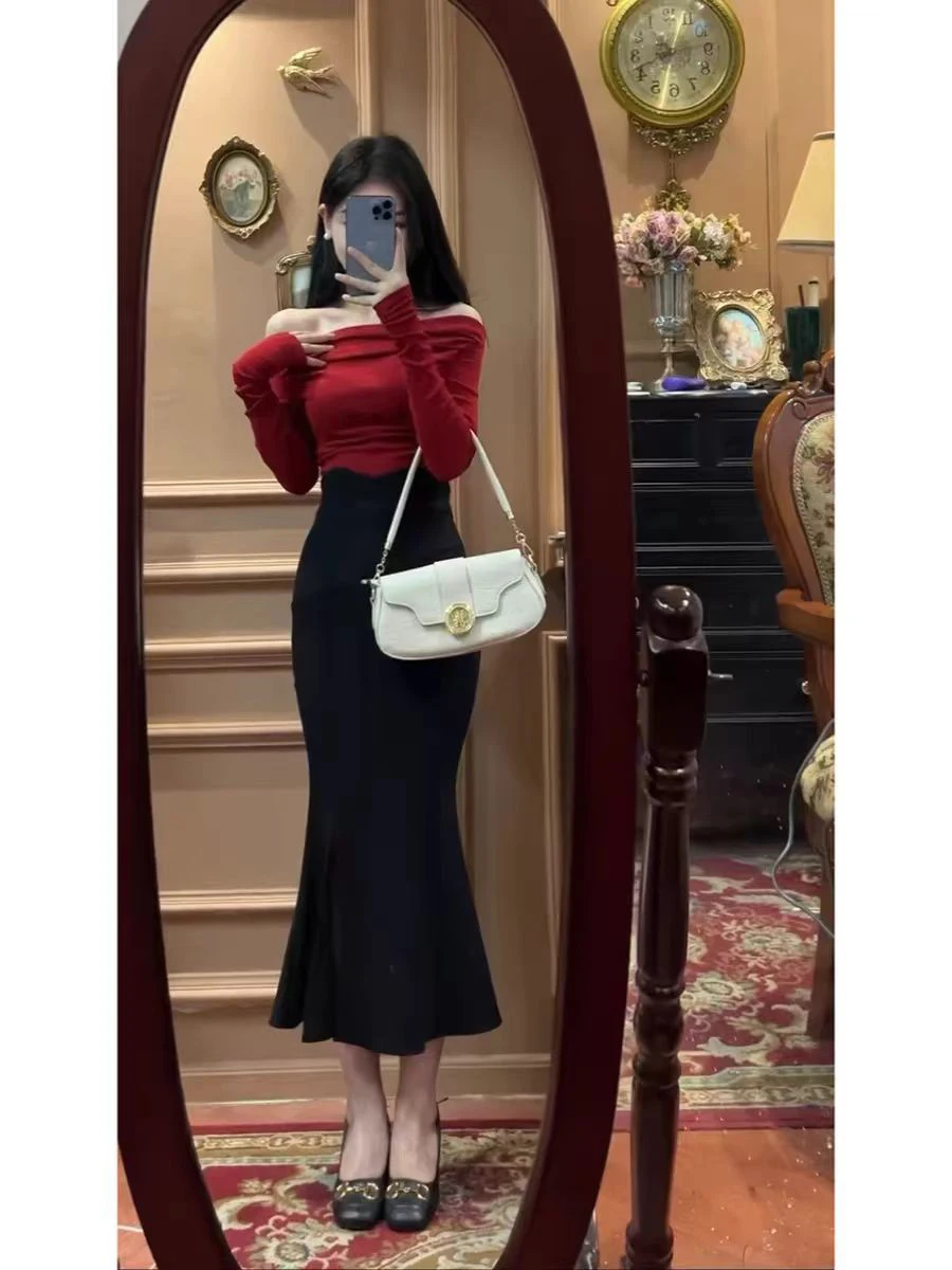 Conjunto de Dos Piezas de Falda Larga y Top de Un Hombro con Cintura Ajustada para Mujer, Estilo Informal para Invierno