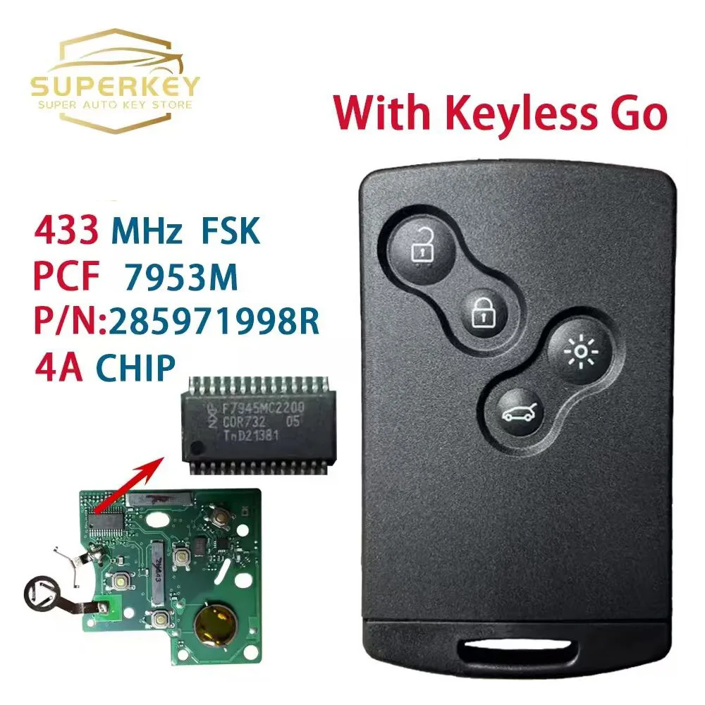 

СУПЕРКЕЙ OEM 285971998 R 433 МГц 4A чип без ключа для 2009 2010 2011 2012 2013 2014 2015 2017 Renault Clio IV Captur