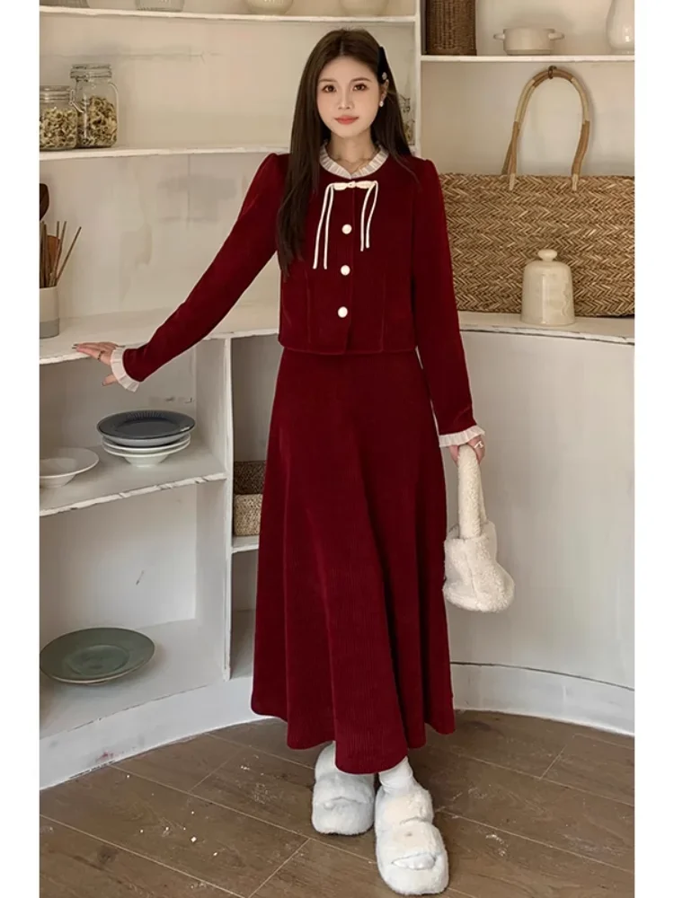 

UNXX Plus-Size Stand Collar Corduroy Fashion Two-Piece Set with High-Waisted Slimming Skirt Women Female Office Lady Clothing