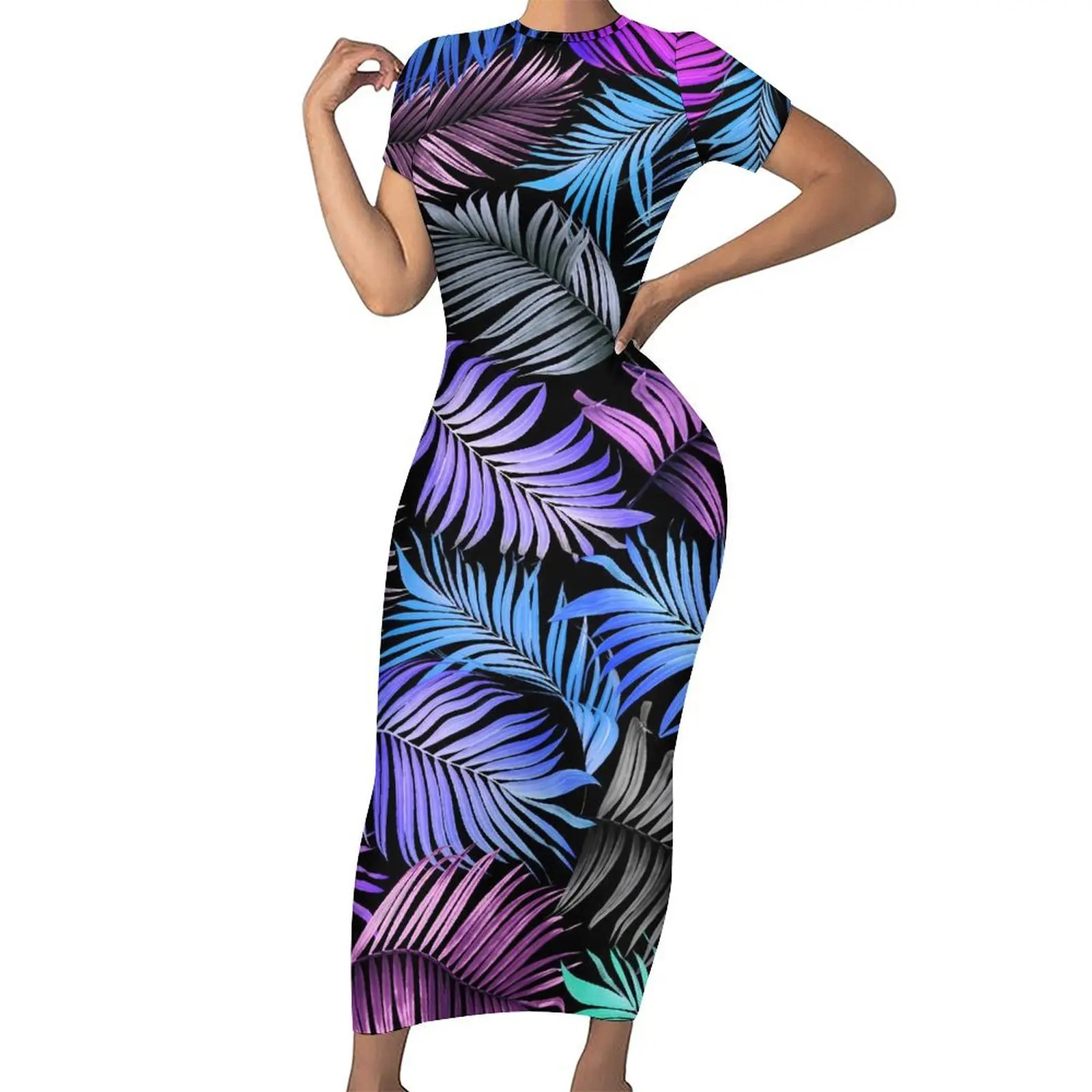 Colorful Leaf Dress Short Sleeve Palm Tree Cute Maxi Dresses Summer Aesthetic Graphic Bodycon Dress Large Size