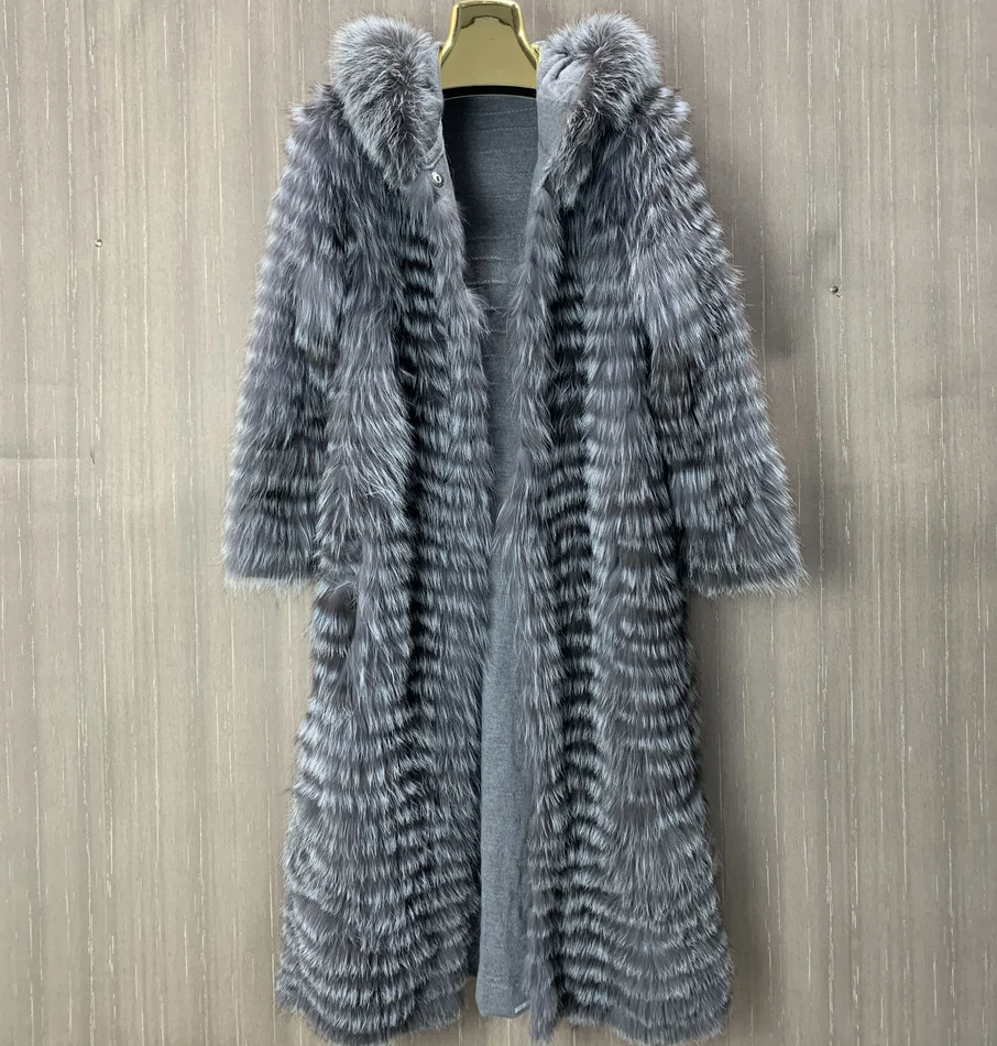 Long Silver Fox Fur Knitted Coat with Hood, Warm and Stylish, 100% Genuine, Winter