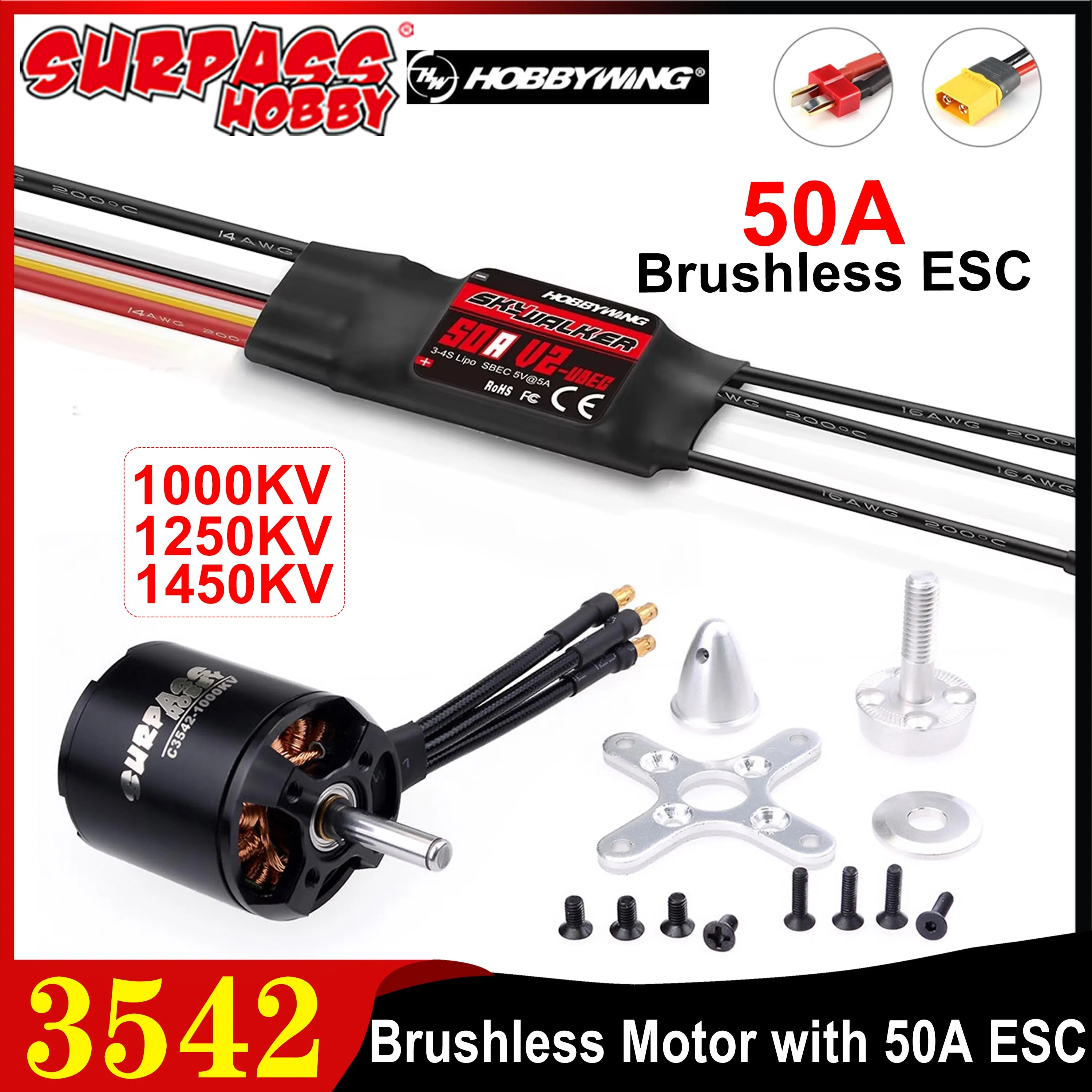 

Surpass Hobby 3542 Brushless Motor 1000/1250/1450KV Skywalker V2 50A ESC Combo for RC Fixed-wing Drones Warbirds Aircraft Plane