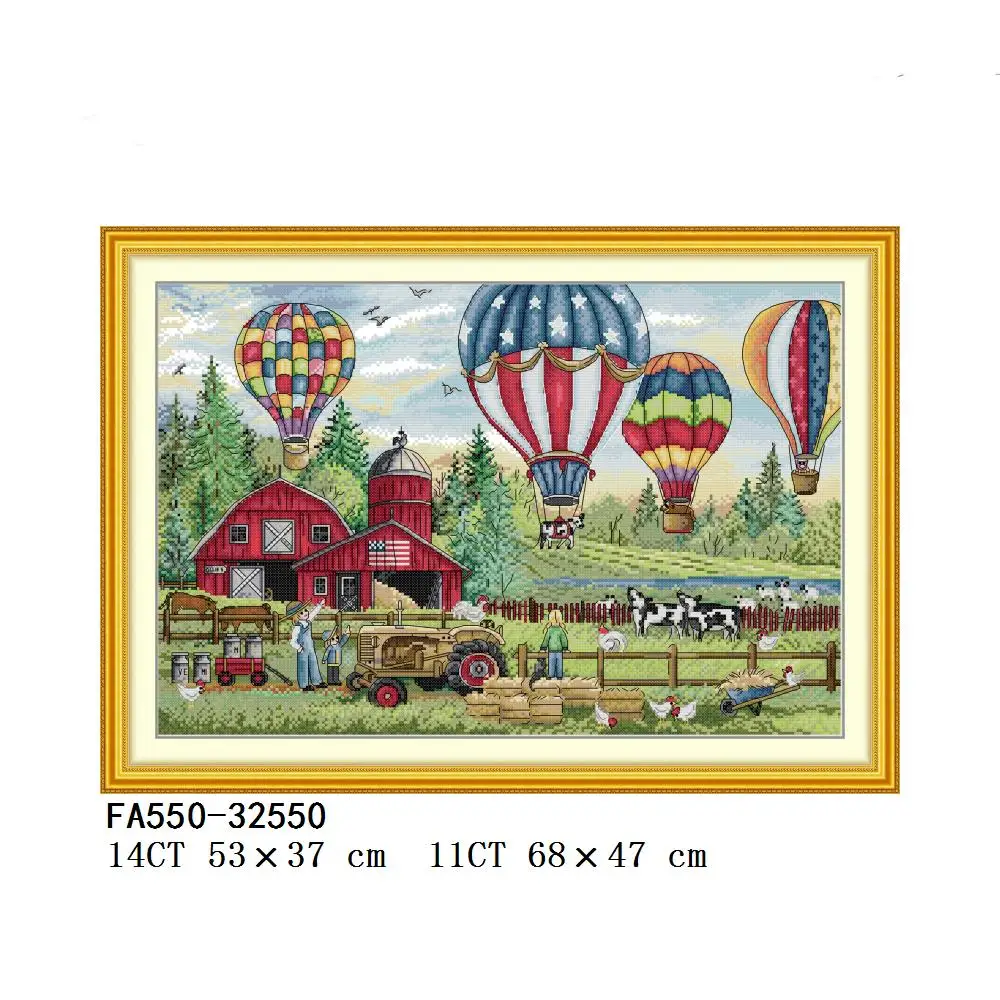 Joy Sunday Colorful Hot Air Balloons On The Bridge Autumn In The Valley Farms Cross Stitch Kit, F139, FA391, FA547, FA550