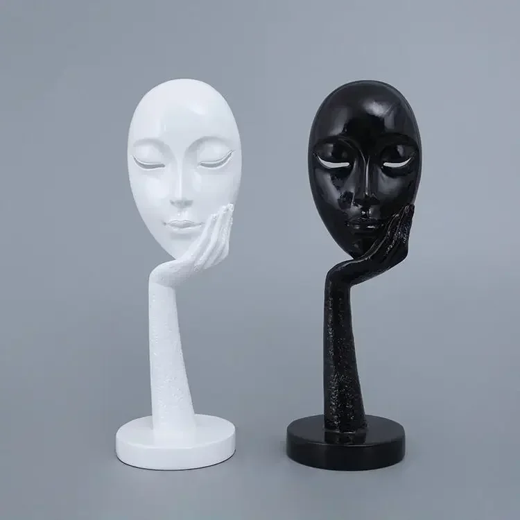 39cm Abstract Sculpture Black White Face Meditators Figurines Resin Portrait Masks Handmade Statue figure model Home Decorations