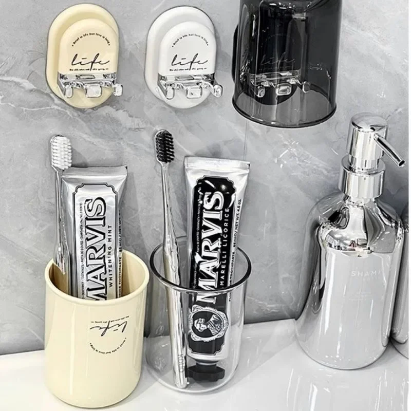 Cream Color Toothbrush Holder and Cup Set, Wall Electric Toothbrush Organizer, Toothbrush Stand, Tooth Glass Rack, Bathroom