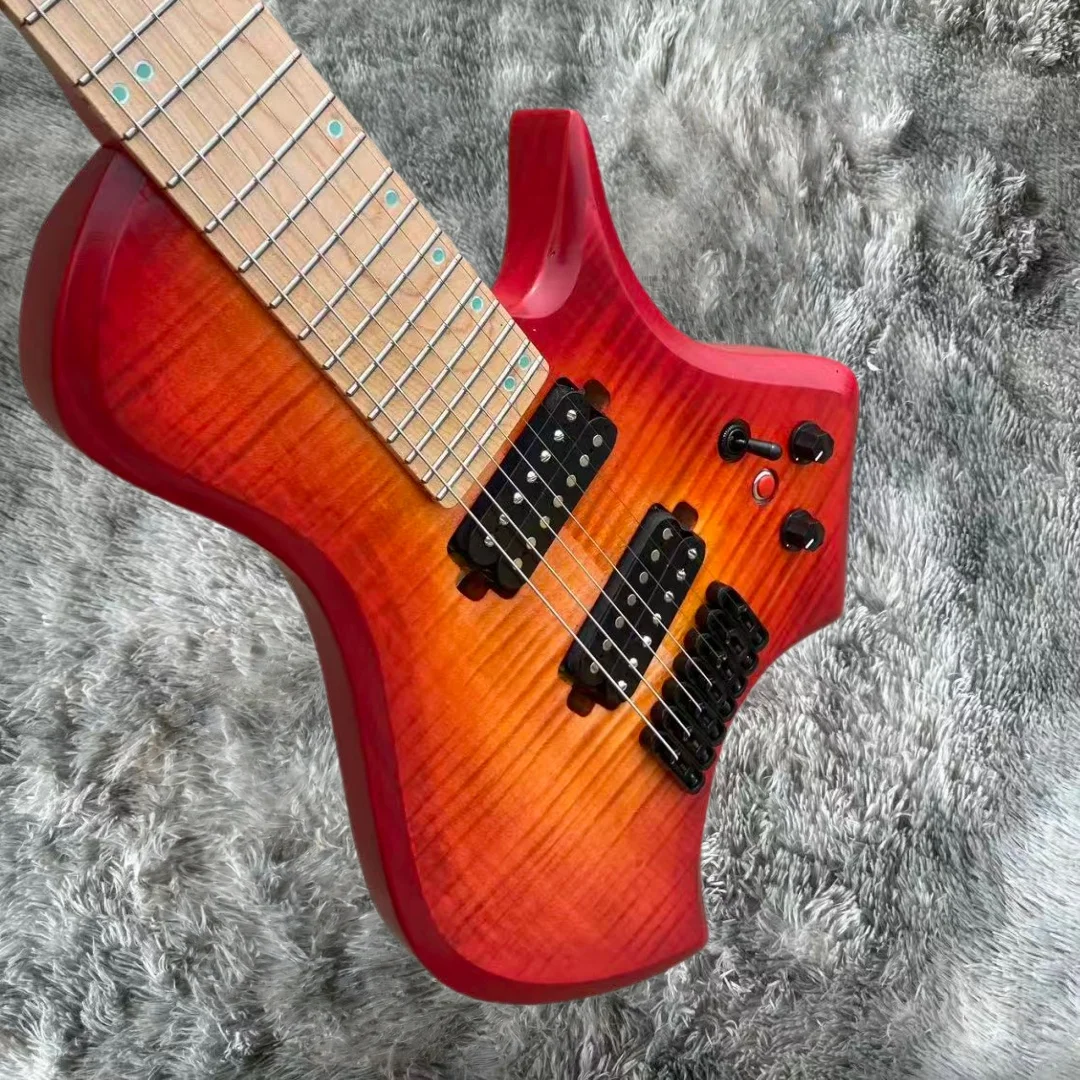 7 String Electric Guitar, Flame Maple Top Sunset Red Orange Burst Finish, HH Humbucker Pickups Black Hardware