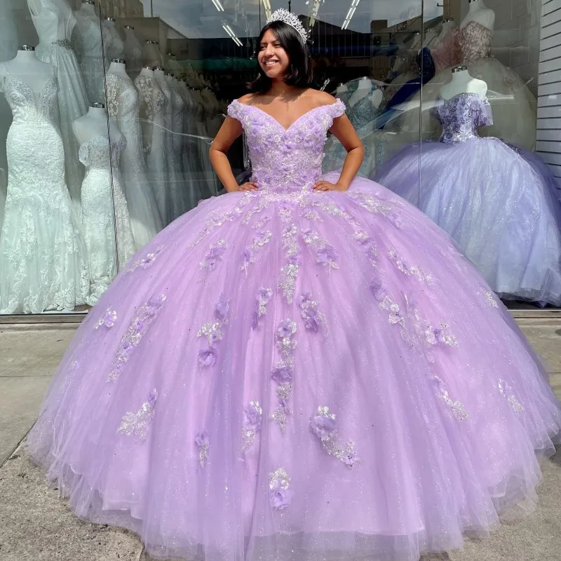 

Gorgeous Lavender Sequins Quinceanera Dresses for 15 Year Ball Gown Sexy V Neck Off the Shoulder 3DFlower for Girl Party Dress