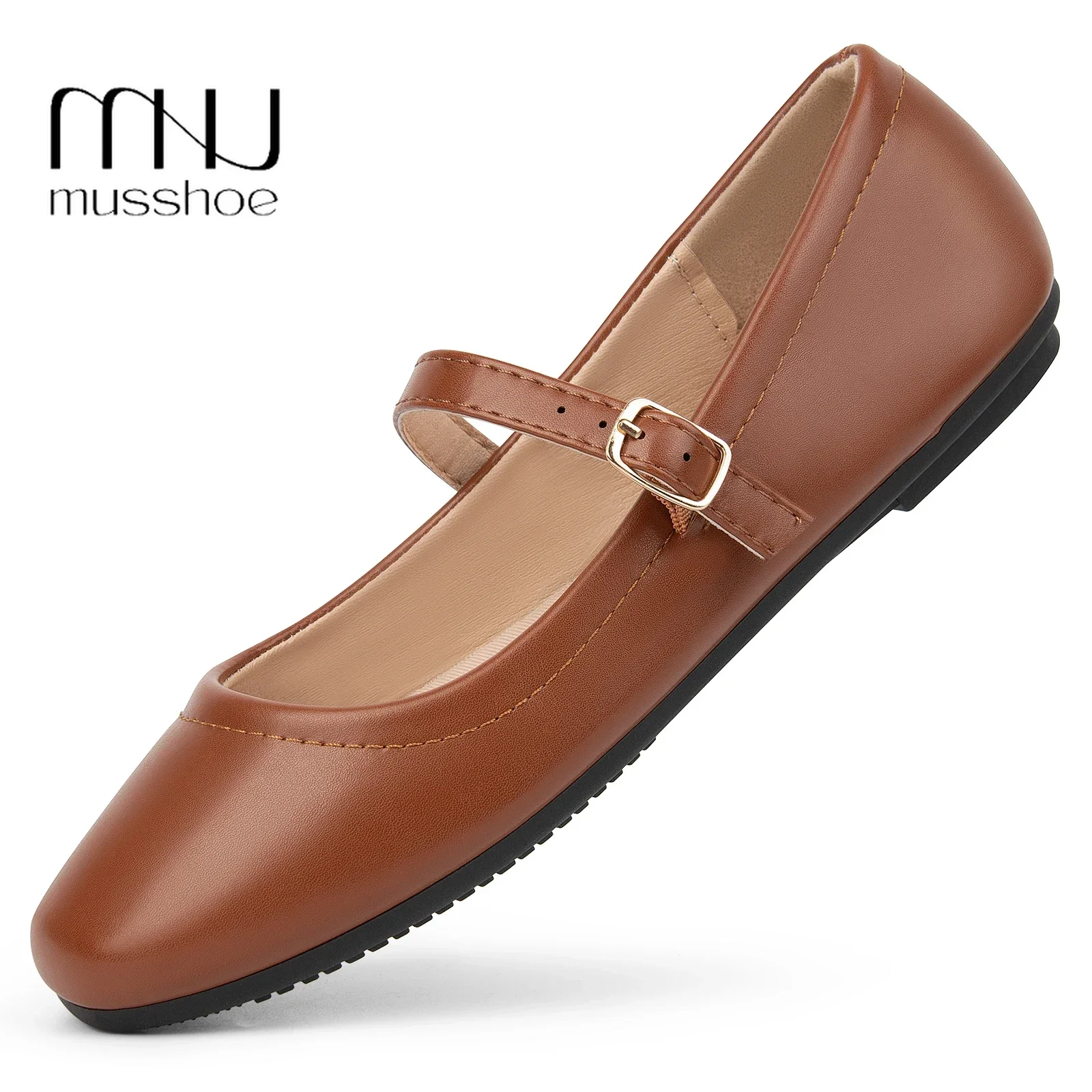 MUSSHOE Casual Ballet Flats Shoes for Women Buckle Ankle Strap Toe Dressy Flats Low Heels Mary Jane Shoes Rubber Ballet Shoes