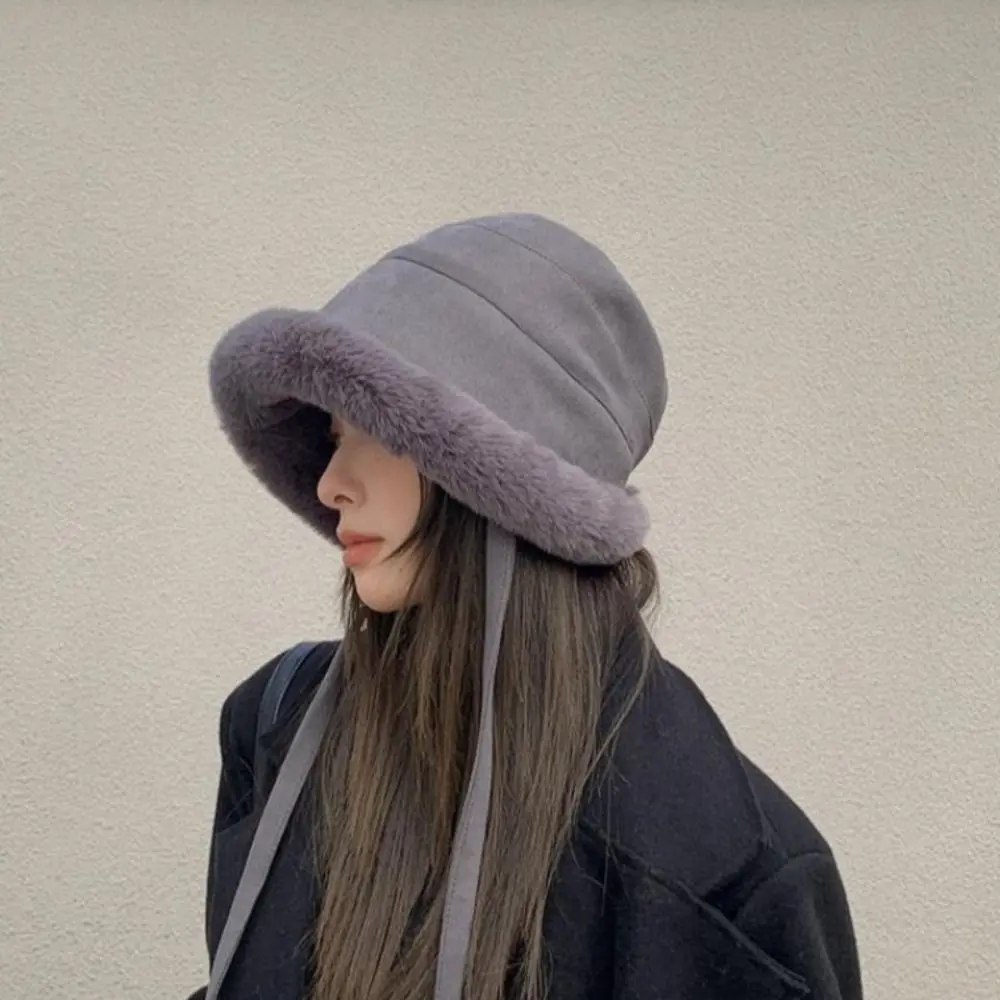 

Fashion Thickened Bucket Hat Soft Fluffy Solid Color Fisherman Cap Plush Fluffy Ear Protection Hat Women Men