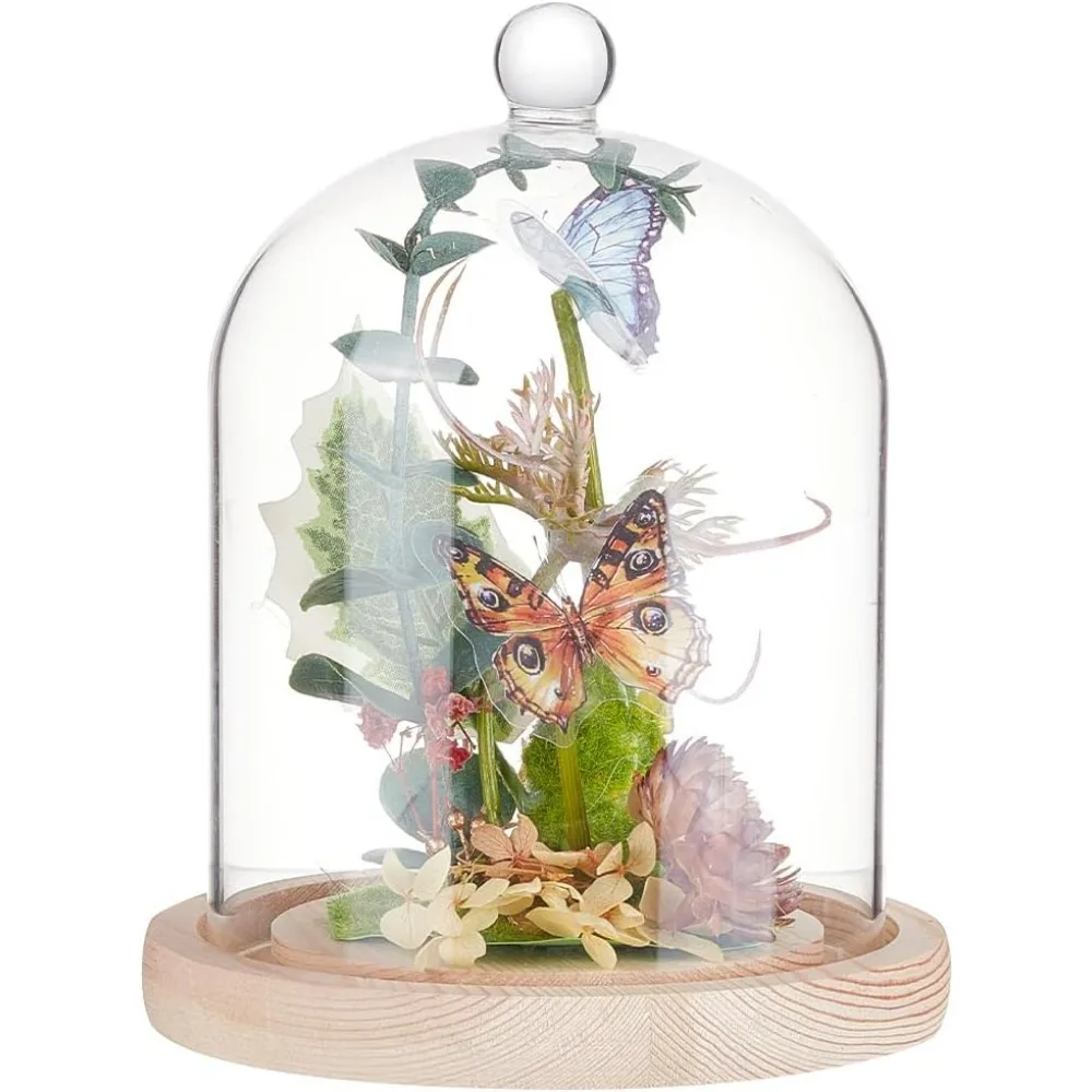 

5.5x7.6inch Glass Display Dome Cloche with Round Top Handle Everlasting Flower Glass Cover with Wooden Base for Specimens kit