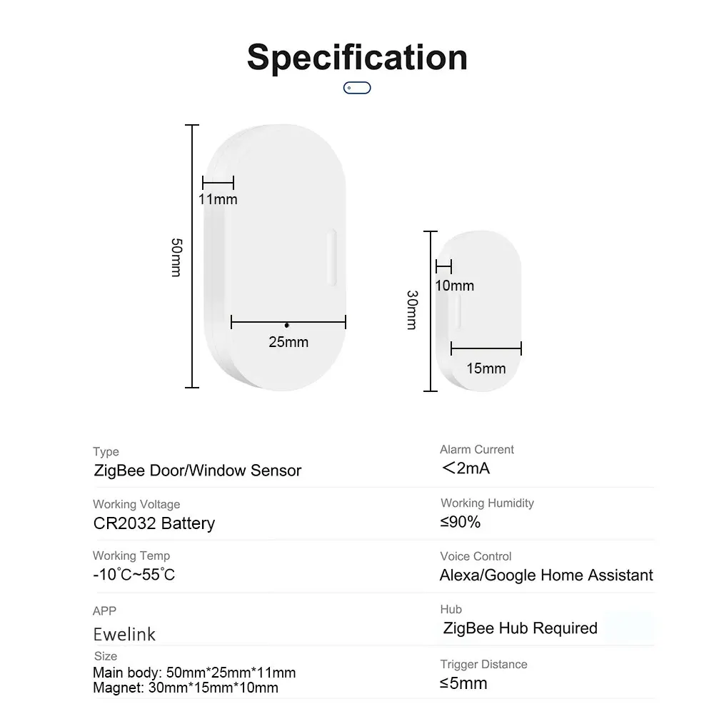 Zigbee Sensor de contacto para puerta y ventana, Detector abierto y cerrado, alarma inteligente para el hogar, protección de seguridad, funciona con Alexa ,Google y Alice