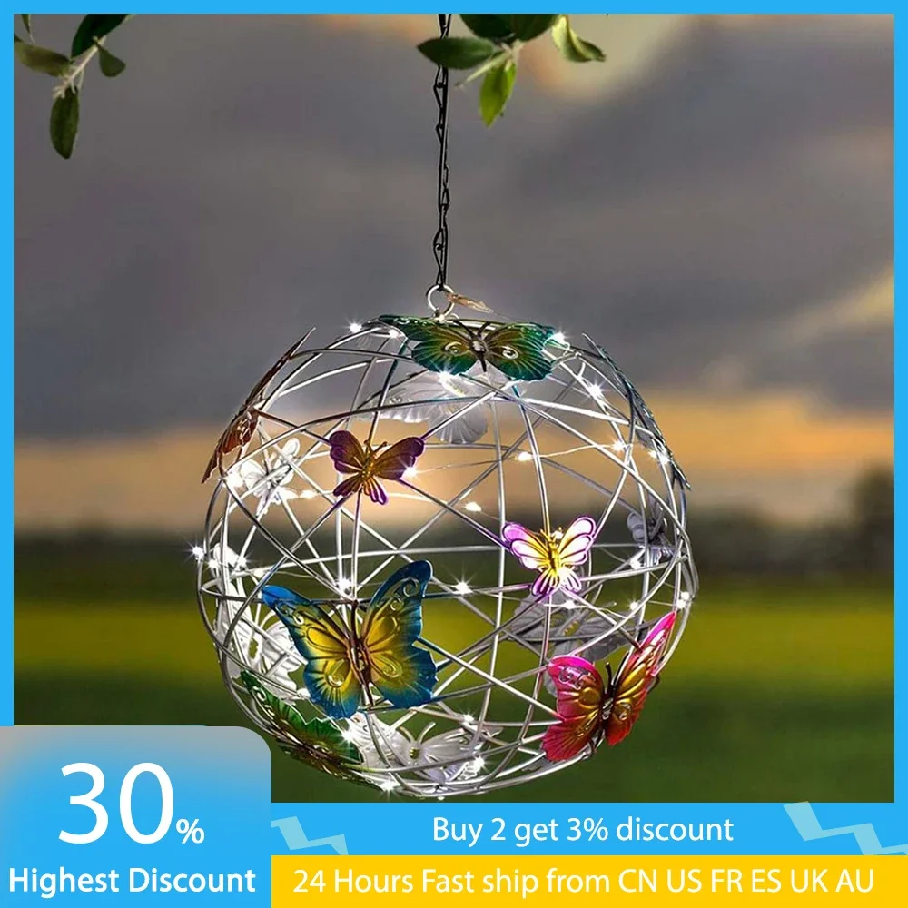 

Garden Hanging Solar Light Round Ball Light With Butterfly Waterproof Metal Weaving Hanging Lamp Home Decorative Nightlight