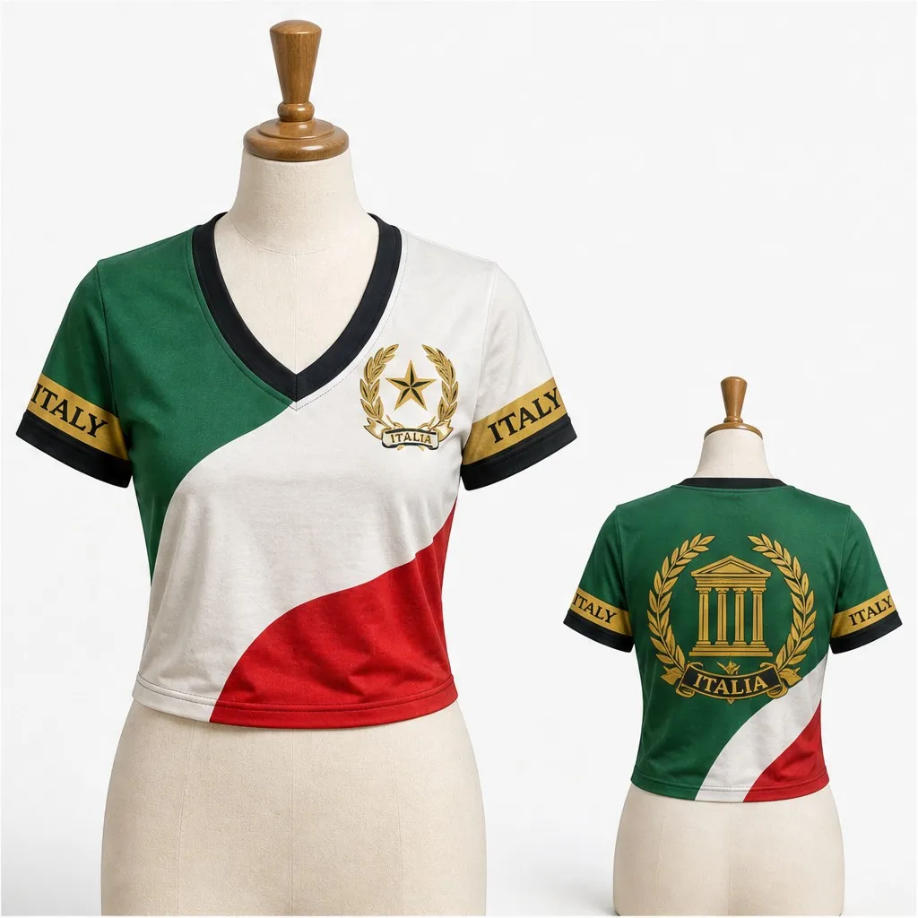 Women Italy V Neck Crop Top Laurel Temple Star Print Short Sleeve Summer Street Travel Casual Fashion Tee Modern Chic Streetwear