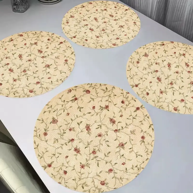 VIKAMA Retro Rice Bottom Rose Vine Linen Placemats, Heat Resistant Washable Table Mat for Dining Table Kitchen Home Decor