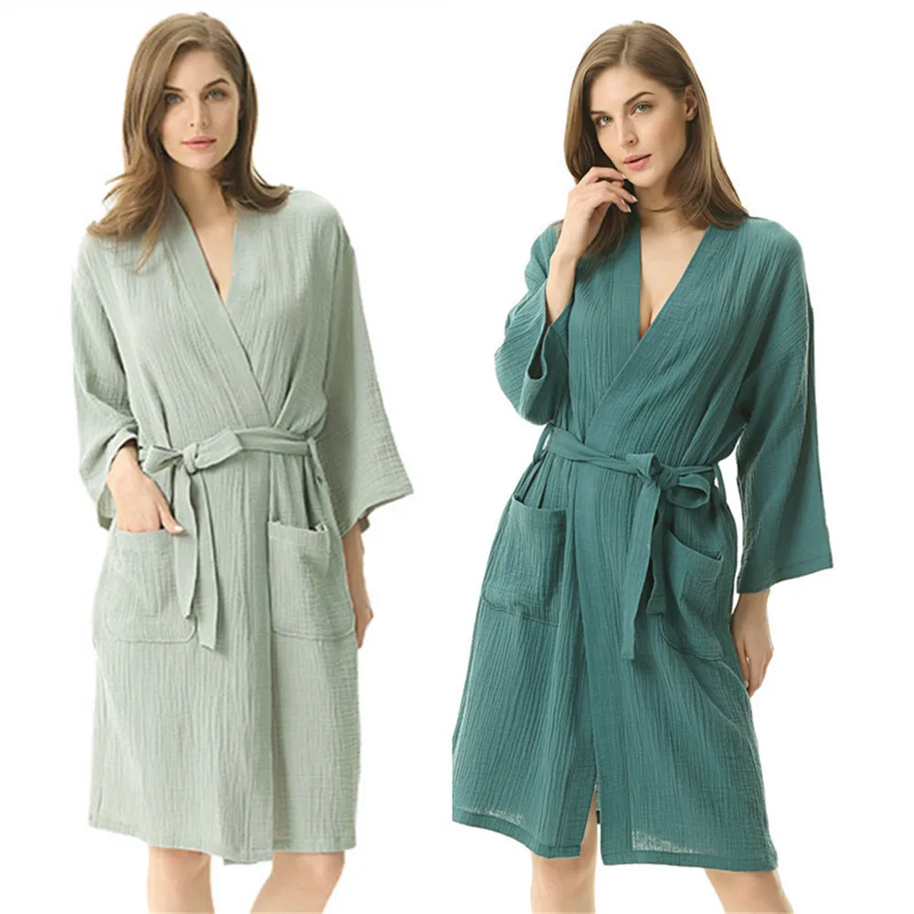 Couple's Cotton Double-layer Gauze Bathrobe Solid Color Sleepwear for Men Women Absorbent Yukata