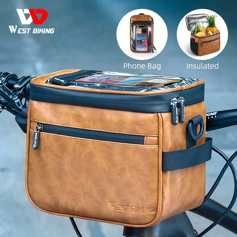 WEST BIKING Multifunctional Bicycle Handlebar Bag Waterproof Touch Screen Phone Bag Crazy Horse Leather Travel Insulated Bag