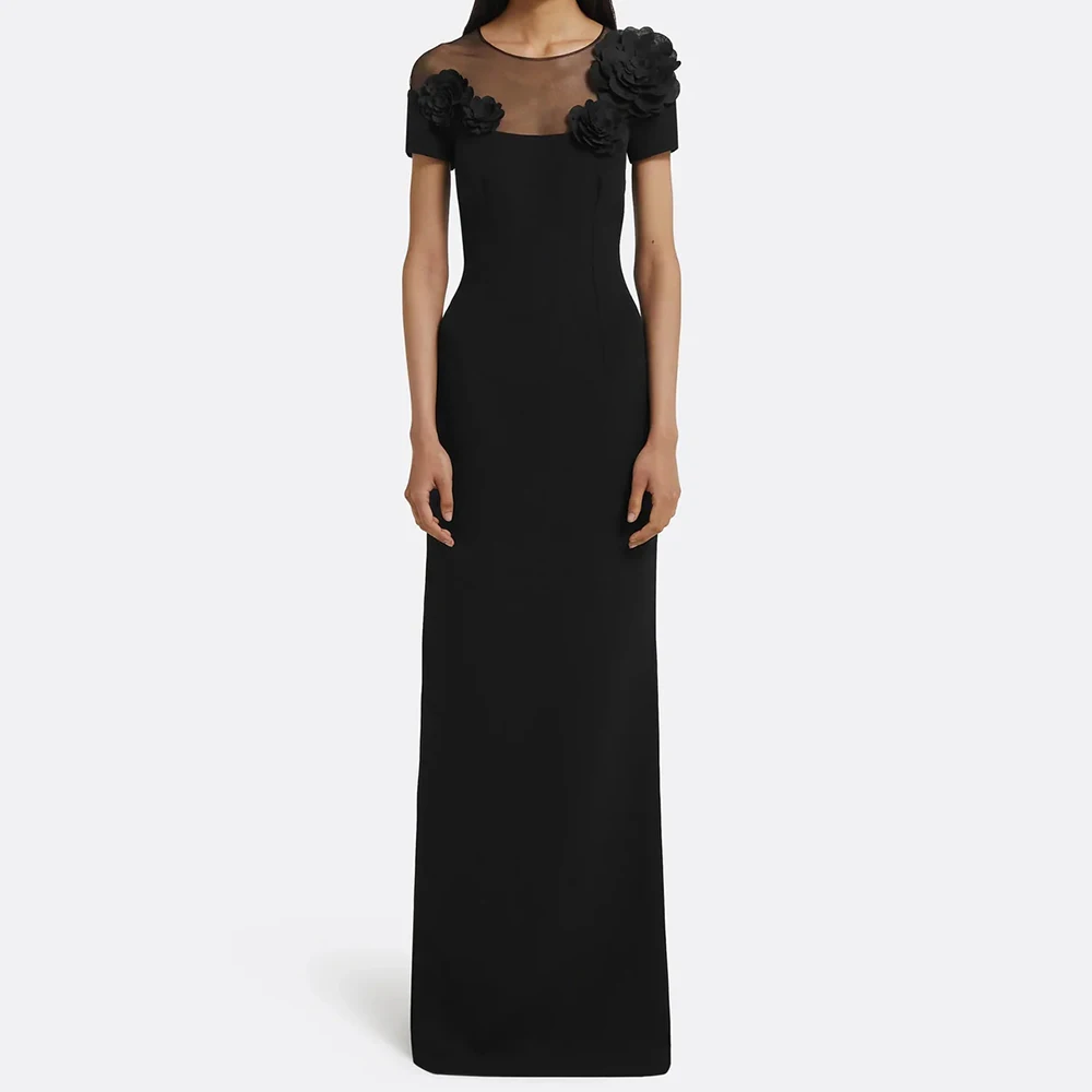 

Women's A-line Evening Dresses Floor-length O-neck Short Sleeve Prom Gown Fashion Flowers Simple Draped Casual Customized Gowns