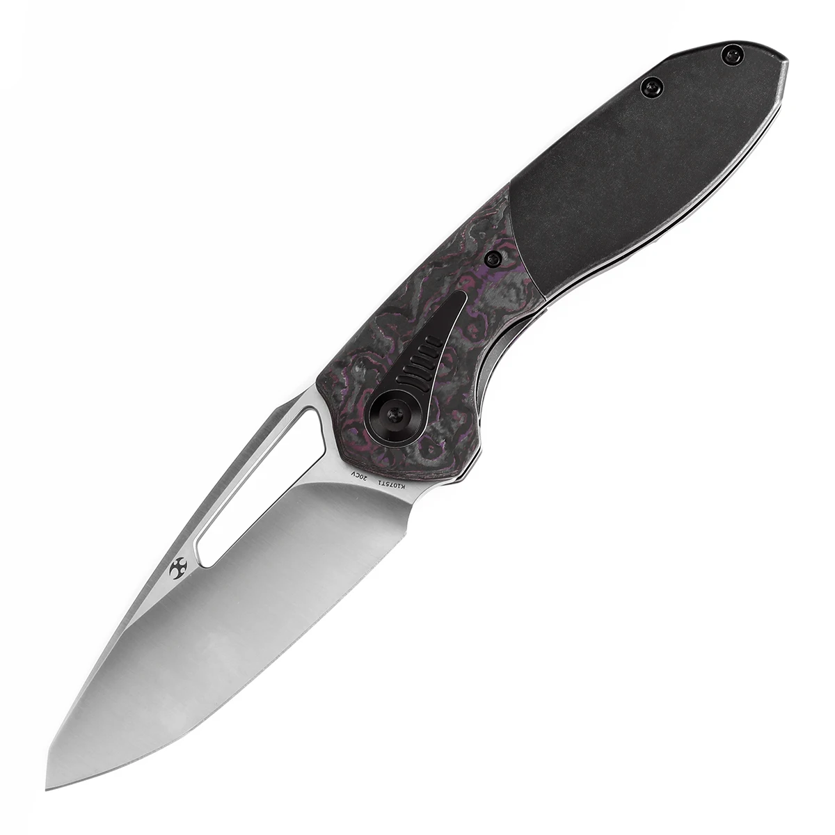 Kansept Thoth K1075T1 3.43‘’ Satin CPM 20CV & Blackwash Titanium + Purple Haze Carbon Fiber Sparrow Knife Designed Thumb Hole