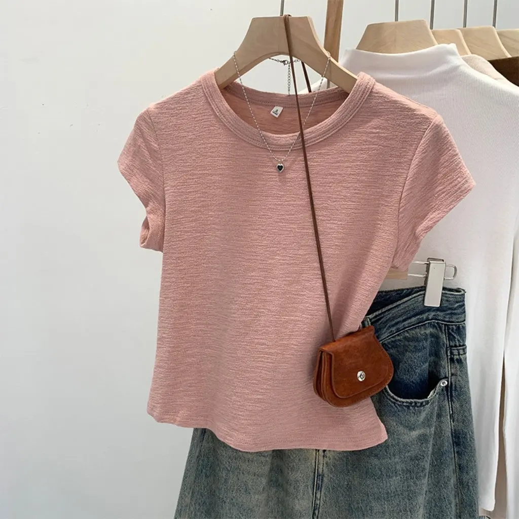 

Women's Small Pink Texture T-shirt Slim-fit Summer Short-sleeved Fashionable Shoulder All-match Top