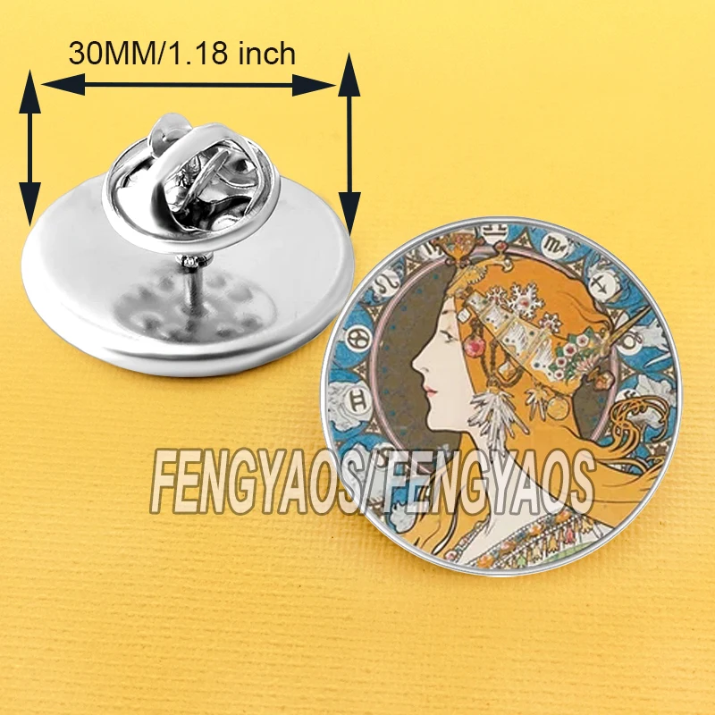 Stainless Steel Zodiac By Alphonse Mucha Pin Women Face Brooches Shirt Lapel Bag Cute Badge Jewelry Gift for Girl Friends