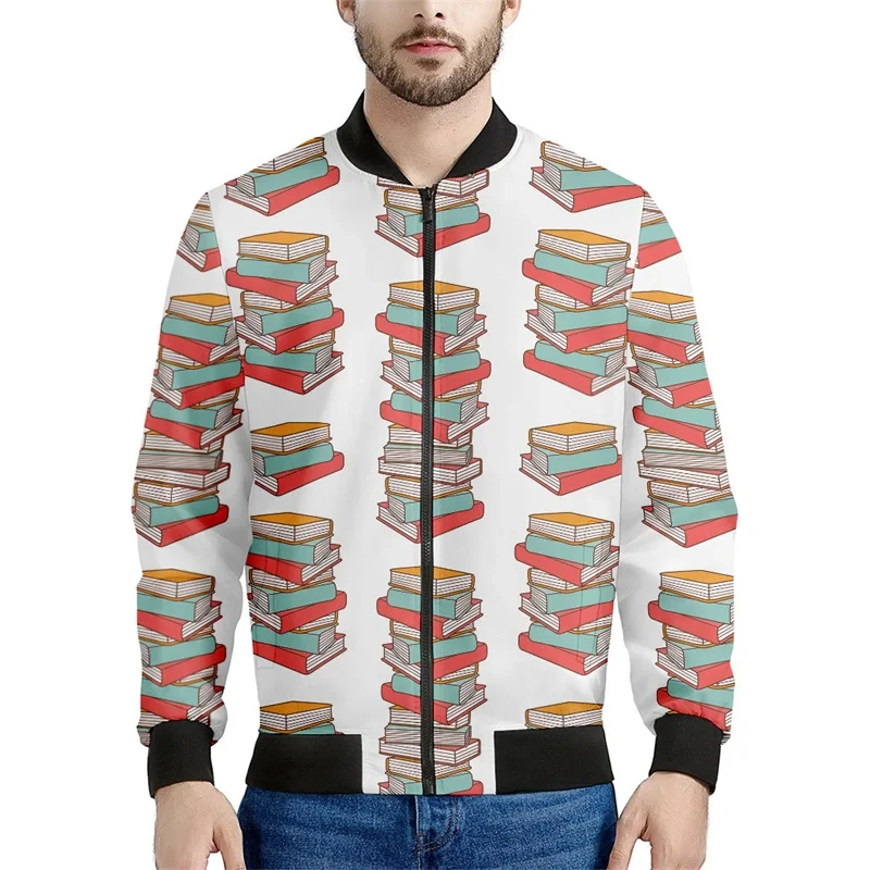 Colorful Books Graphic Zipper Jackets Men Kids Retro 3d Printed Bookshelf Sweatshirt Tops Cool Street Casual Bomber Jacket Coat