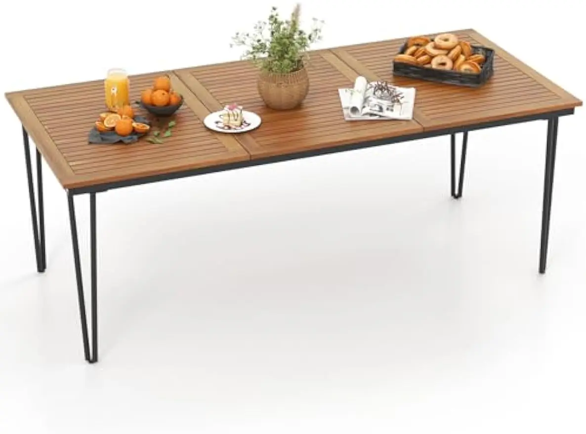 

79 Inch Outdoor Dining Table, 8-Person Patio Table with 1.9 Inch Umbrella Hole, Metal Legs & Adjustable Foot Pads, Indo