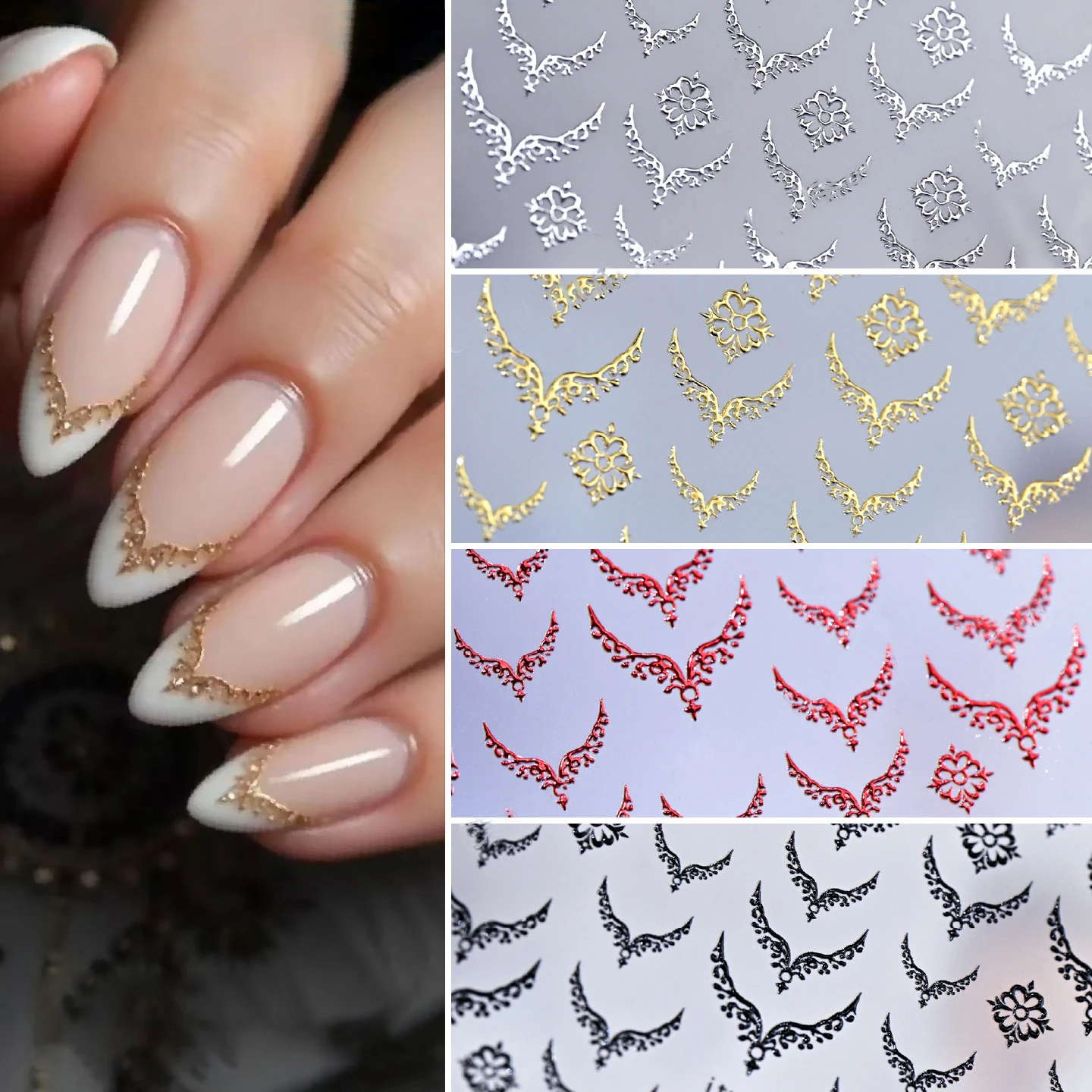 1 Stücke Gold Retro Spitze Flügel FrenchNail art Aufkleber Bronzing V-förmigen Französisch Nägel Abziehbilder DIY Elegante Maniküre Sliders Dekorationen