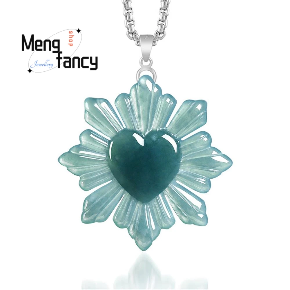 

Natural A-grade Jadeite Blue Water Ice Edge Heart Pendant S925 Silver Button Love Ice Seed Jade Stone High-grade Fashion Jewelry