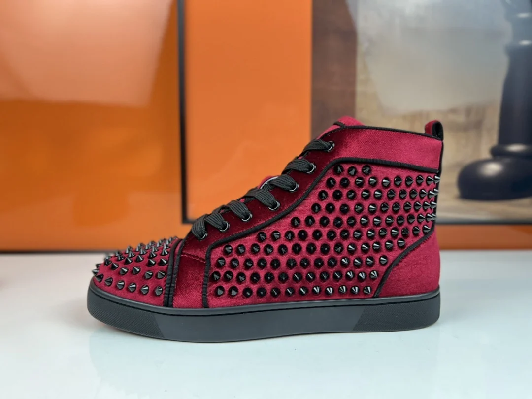 Luxury Men's Black Rivets High Top Sneakers Red Velvet Leather Spiked Studded Casual Shoes Red Bottom Lace Up Walking Footwear