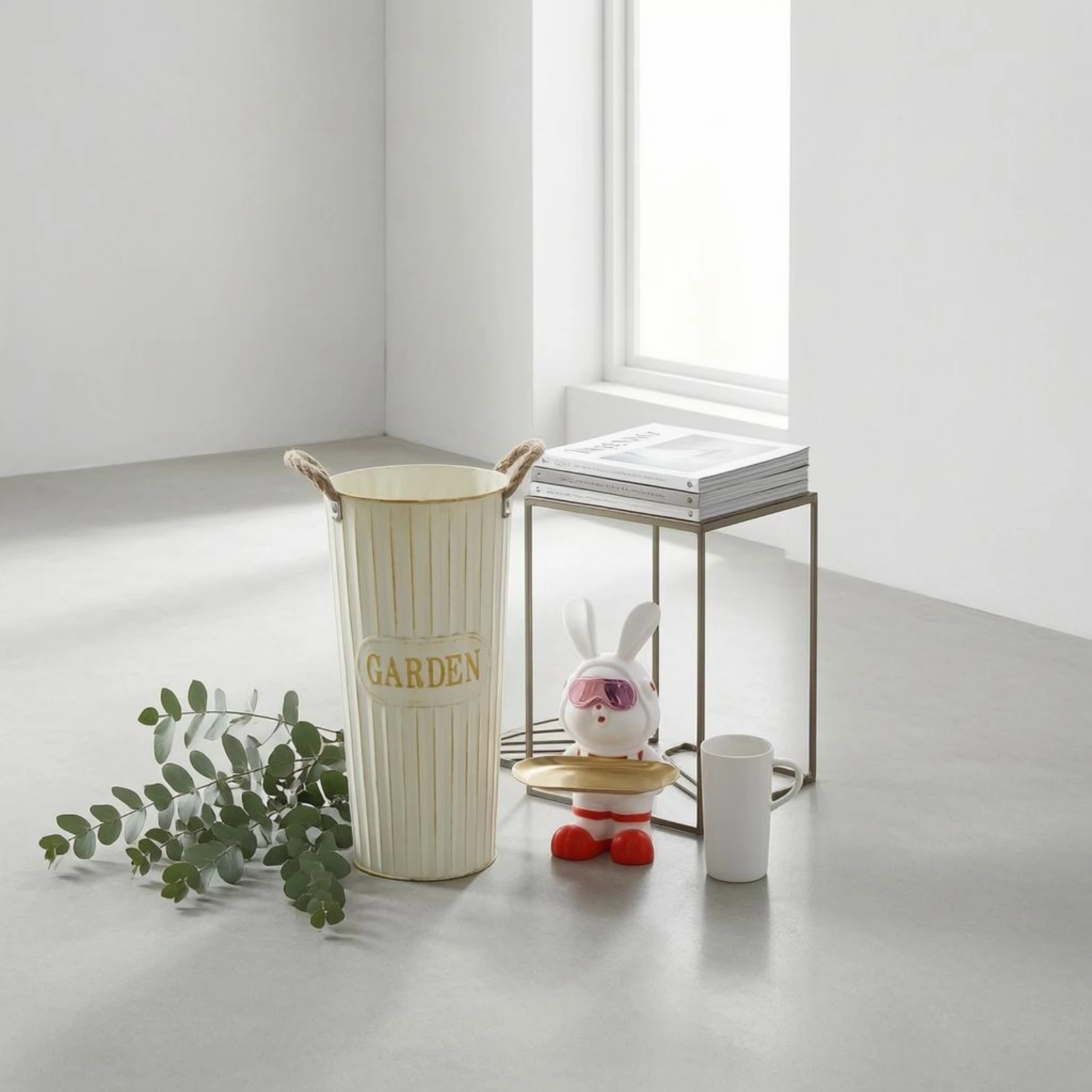 Flower Pail Vase Gold Rim Metal Vase Decor Piece Table Centerpiece Distressed Finish