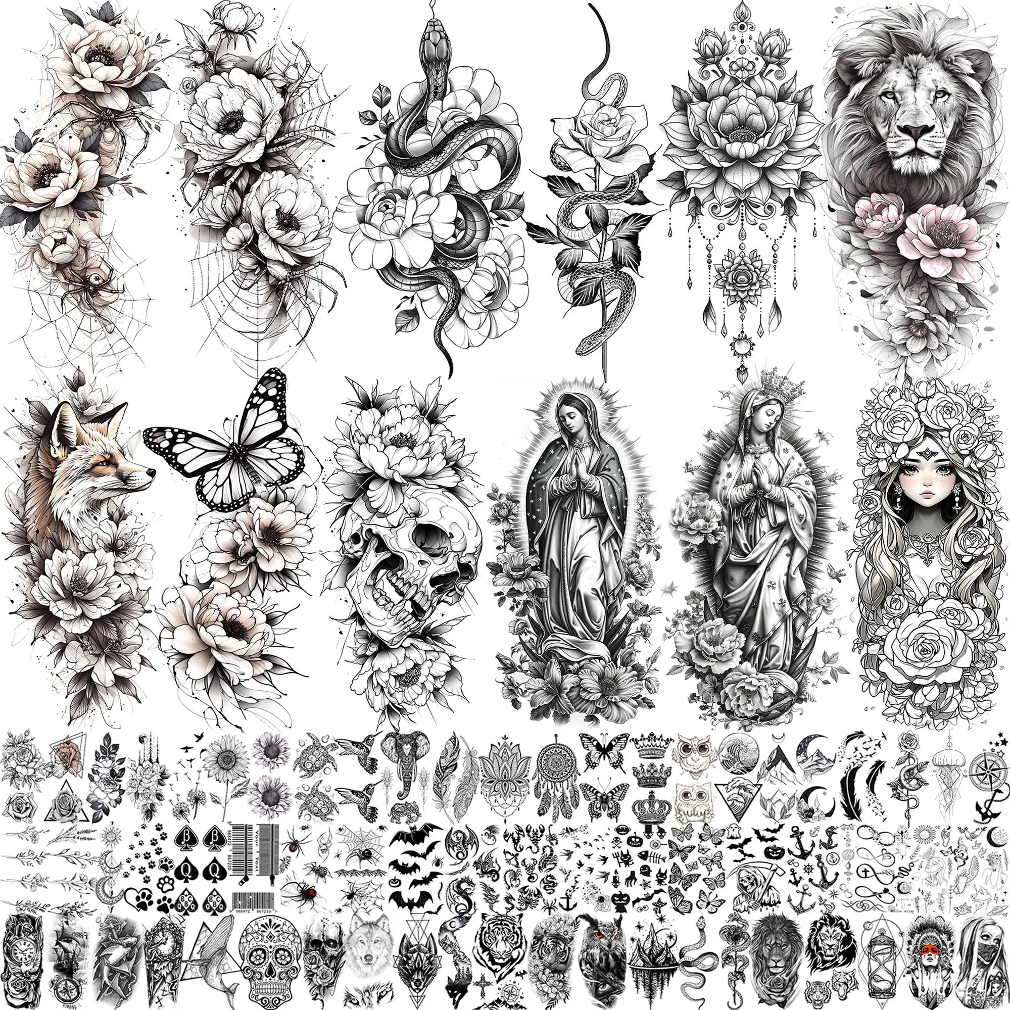 

75 Sheets Chic Spider Snake Skull Flower Temporary Tattoos For Women Girls Nun Pray Tatoos Realistic Fake Arm Leg Tattoo Sticker