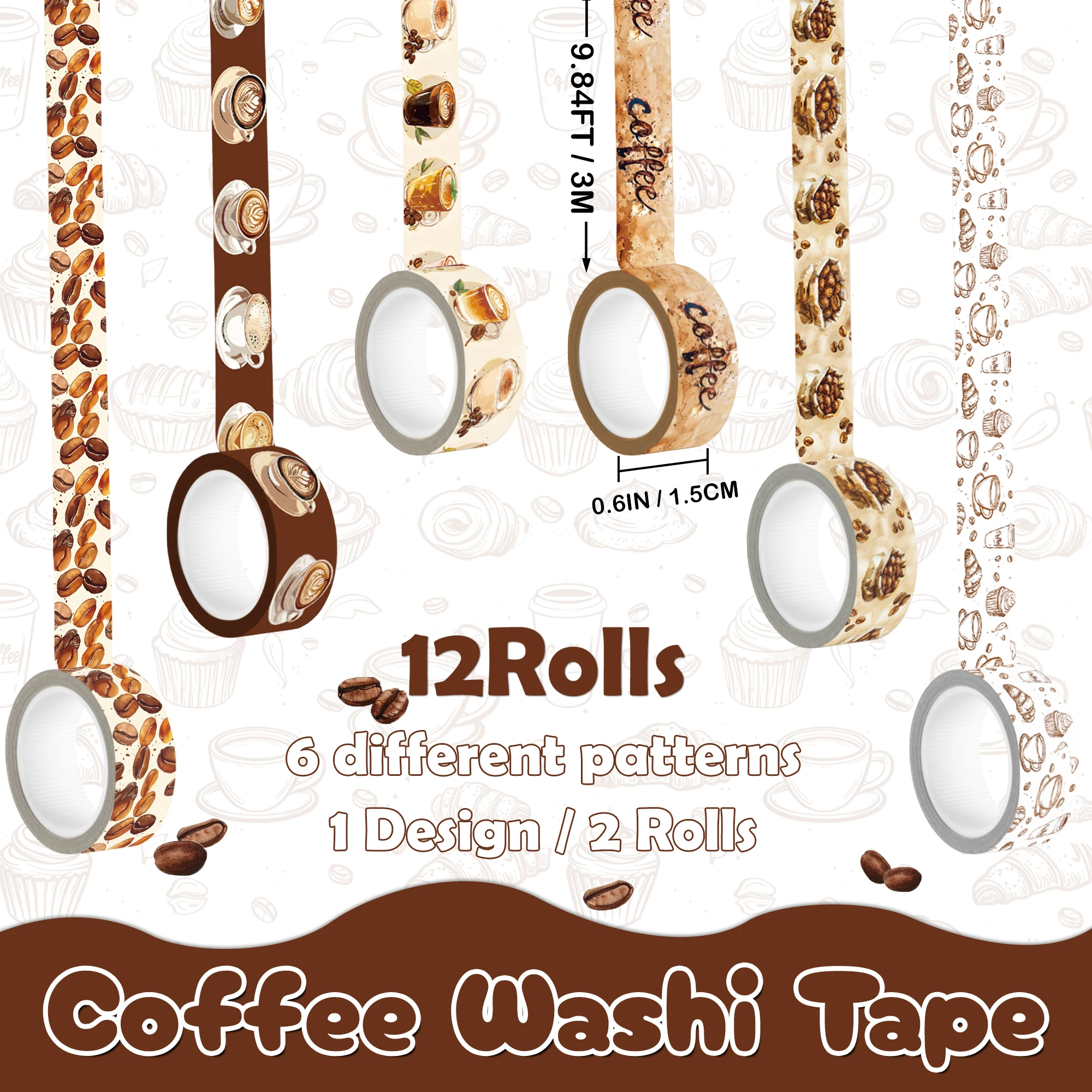 12 Rolls Washi Tape Set, 6 Design Coffee Themed Decorative Tape Vintage Watercolor Brown Cafe Masking Tape for Journaling