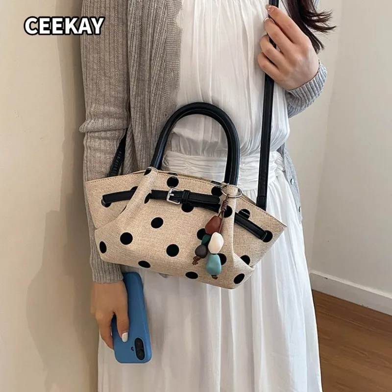 CEEKAY Minimal Polka Dot Linen Mini Boat Tote Bag PU Handle Cross Strap Wood Bead Ornament Two Ways Carry Daily Shoulder Purse