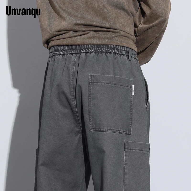 Unvanqu Japanese Spring Summer Casual Trousers High Quality Fashion Elastic Waist Wide Leg Straight Trousers Office Cargo Pants